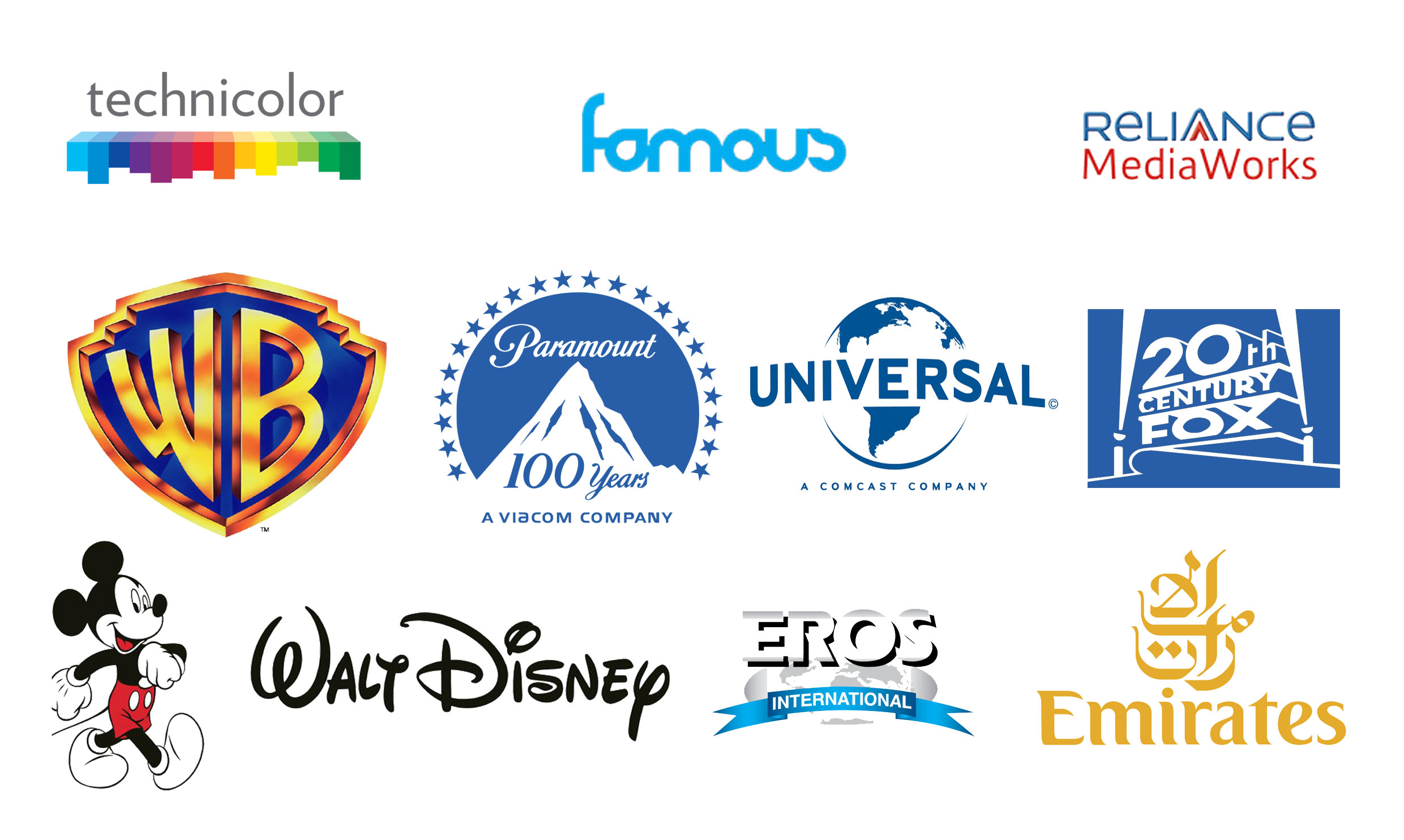 Logo wall showing companies and media organizations associated with RPM Studios collaborations and projects
